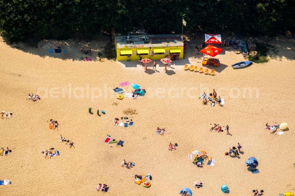 Haltern am See from above - Mass influx of bathers on the beach and the shore areas of the lake Silbersee II in the district Sythen in Haltern am See in the state North Rhine-Westphalia, Germany