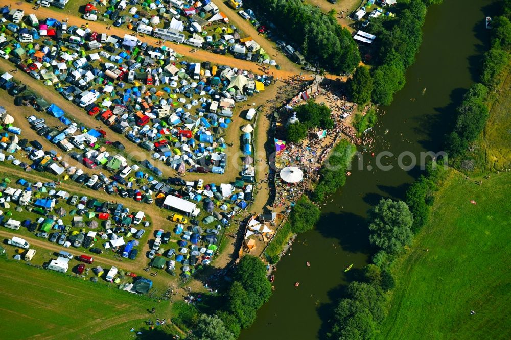 Lärz from above - Crowd of visitors to the Fusion Festival at the airfield Laerz - Rechlin in Laerz in Mecklenburg-Vorpommern, Germany