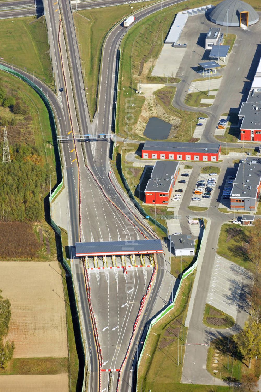 Strickau / Strykow from above - Stryków 18/10/2011 View of a toll station at the highway entrance and exit to the newly built European route E30 / A2 at Strykow