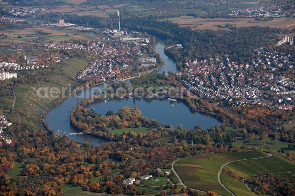 Stuttgart from above - View of the Max-Eyth-See and the river Neckar in Stuttgart in Baden-Wuerttemberg. The origin of the lake is a gravel pit from the 20s. Swimming in the lake is prohibited because the shore area was declared a nature reserve