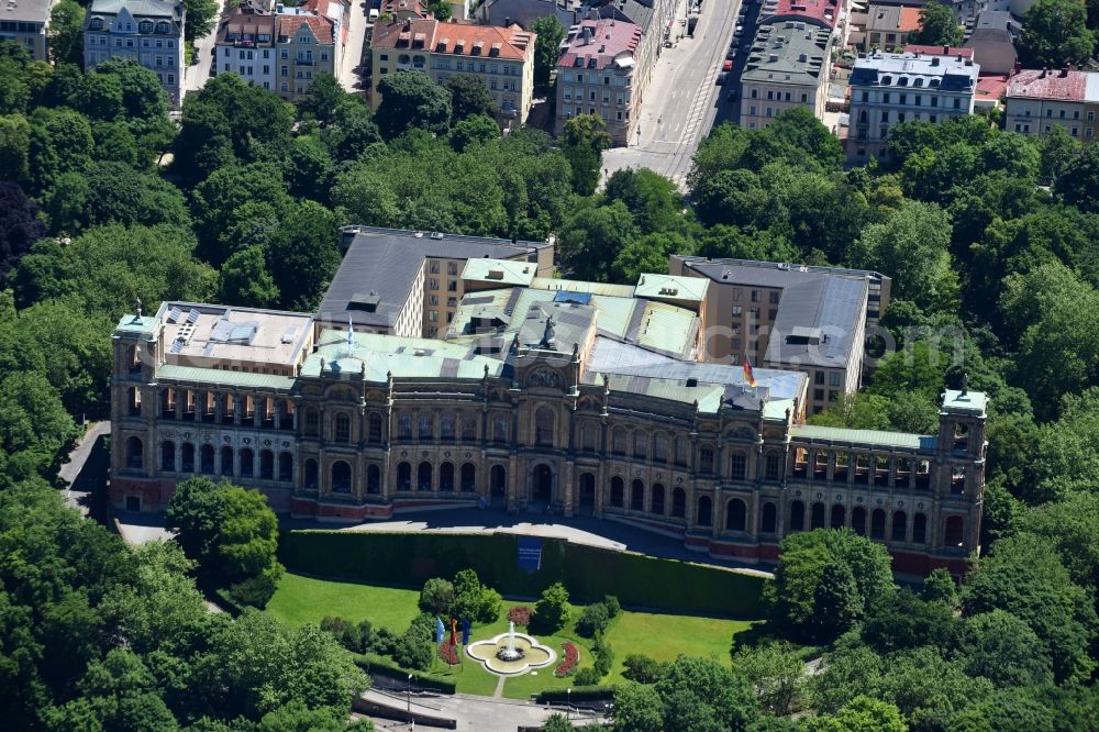 München from the bird's eye view: The Maximilianeum in Munich Haidhausen in the state of Bavaria. The historic building on the Isar-Hochufer at Maximiliansbruecke is home to the Maximilianeum Foundation and is the seat of the Bavarian State Parliament