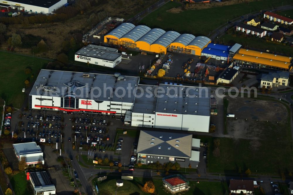 Neubrandenburg from above - Furniture Store city back of BDSK Handels GmbH & Co. KG. The center is situated on the outskirts on Akeleiweg. In the background are the branches of Brillux GmbH & Co. KG, and Jacob Cement Baustoffe (Jacob Sönnichsen AG). The site is in Neubrandenburg in Mecklenburg-Western Pomerania