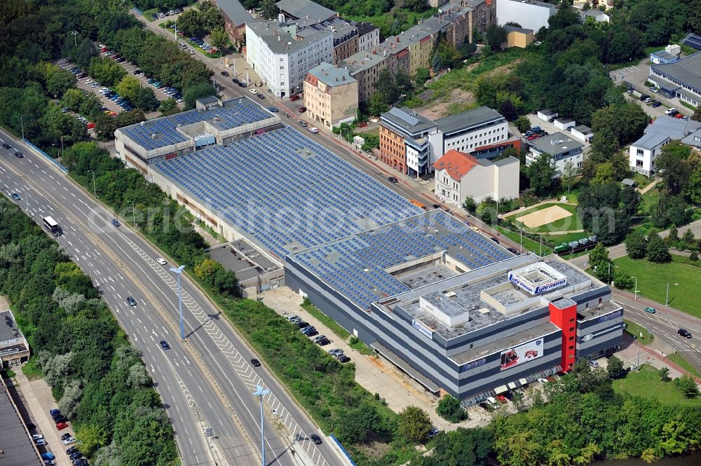 Halle / Saale from the bird's eye view: View of the furniture store Wohn-Centrum Lührmann at 15 Mansfelder St on the Saline in Halle at the Saale in Saxony-Anhalt