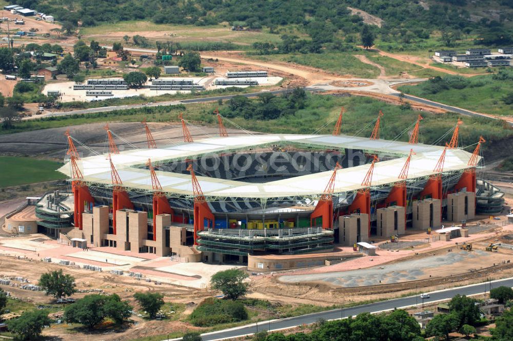 Nelspruit from the bird's eye view: Blick auf das Mbombela-Stadion in Nelspruit in der Provinz Mpumalanga in Südafrika, erbaut zur Fußball-Weltmeisterschaft. View of the Mbombela-Stadium in Nelspruit in South Africa for the FIFA World Cup 2010.