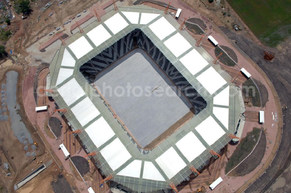 Nelspruit from above - Blick auf das Mbombela-Stadion in Nelspruit in der Provinz Mpumalanga in Südafrika, erbaut zur Fußball-Weltmeisterschaft. View of the Mbombela-Stadium in Nelspruit in South Africa for the FIFA World Cup 2010.