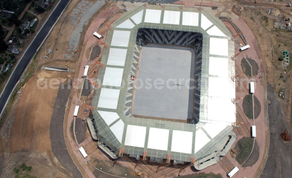 Nelspruit from the bird's eye view: Blick auf das Mbombela-Stadion in Nelspruit in der Provinz Mpumalanga in Südafrika, erbaut zur Fußball-Weltmeisterschaft. View of the Mbombela-Stadium in Nelspruit in South Africa for the FIFA World Cup 2010.