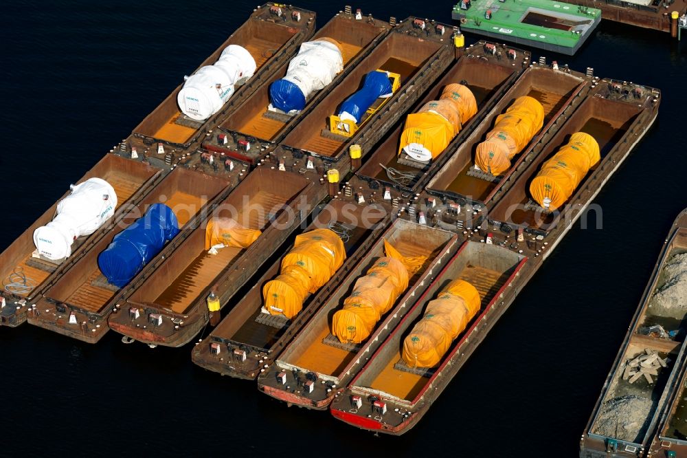 Berlin from above - MBS dock and thrust units of cargo ships - barges on the shore of Lake Rummelsburg in Berlin Treptow