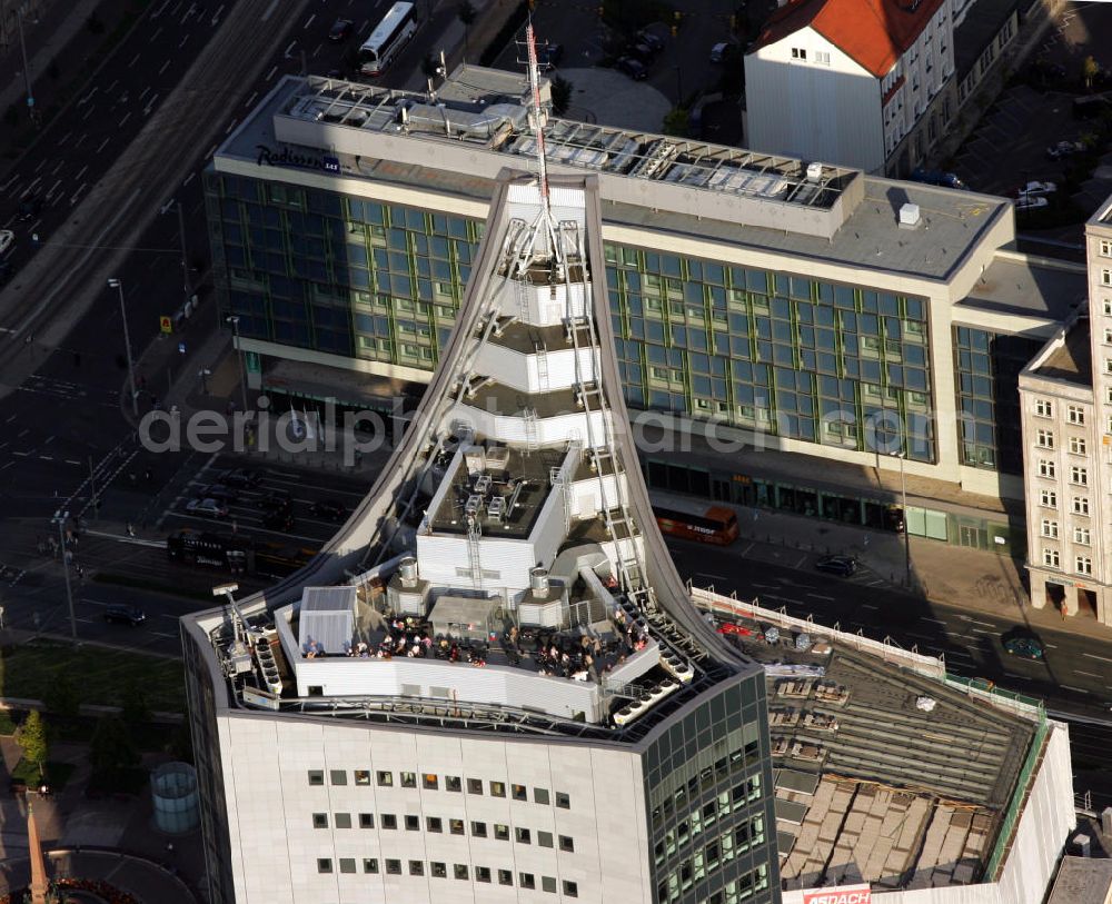 Leipzig from above - Blick auf den MDR - Turm in der Leipziger Innenstadt, früher auch als Uni - Hochhaus bekannt. View of the MDR - tower in the center of Leipzig, formerly known as Uni - rise.