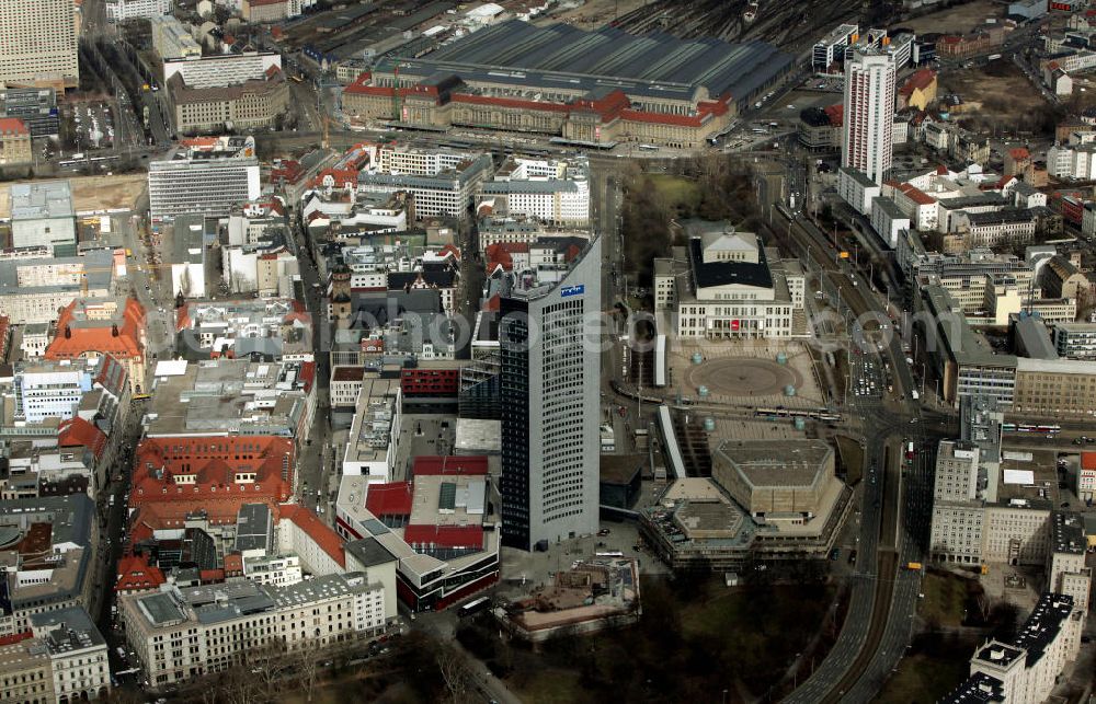 Aerial photograph Leipzig - Blick auf den MDR - Turm in der Leipziger Innenstadt, früher auch als Uni - Hochhaus bekannt. View of the MDR - tower in the center of Leipzig, formerly known as Uni - rise.