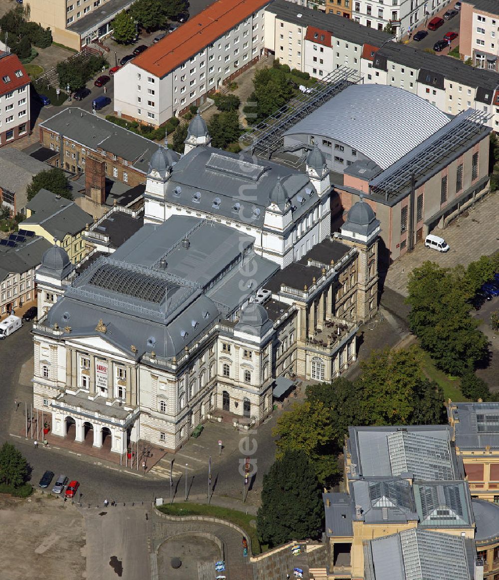 Schwerin from above - Blick auf das Mecklenburgische Staatstheater Schwerin. Es wurde von 1883 - 1886 an der Stelle des alten abgebrannten Theaters im Stil der Italienischen Spätrenaissance errichtet. Höhepunkt sind die alljährlichen Schlossfestspiele Schwerin. View of the Mecklenburg State Theater of Schwerin. It was built from 1883 - 1886 on the site of the old burnt down theater in the style of the Italian Renaissance. Highlights are the annual Castle Festival Schwerin.