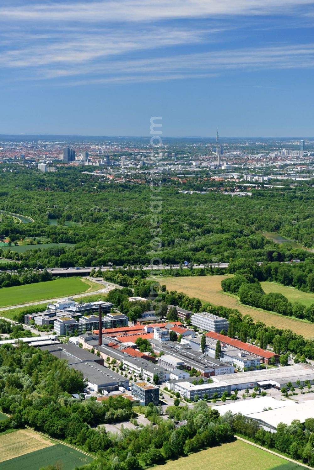 Ismaning from above - Industrial estate and company settlement Medien- and Gewerbepark - AGROB in Ismaning in the state Bavaria, Germany