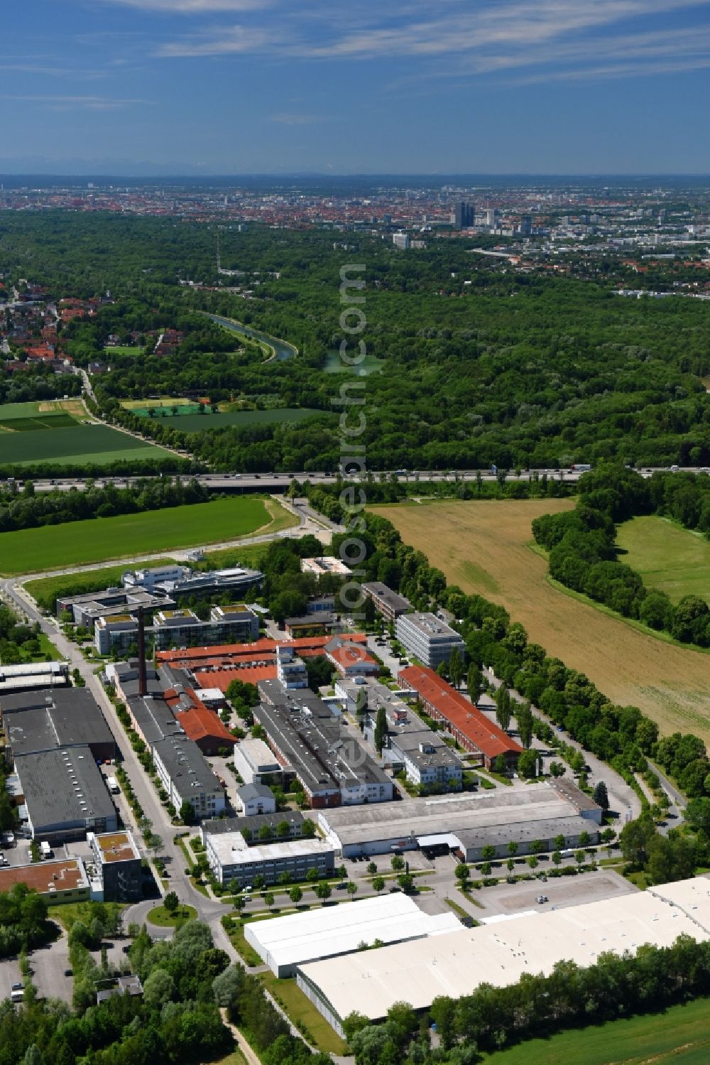 Aerial image Ismaning - Industrial estate and company settlement Medien- and Gewerbepark - AGROB in Ismaning in the state Bavaria, Germany