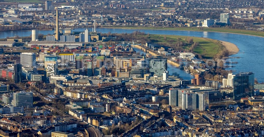 Düsseldorf from above - Western Media Harbour area with commercial buildings in Duesseldorf Julo-Levin-Ufer in the district Hafen in Dusseldorf in the state of North Rhine-Westphalia