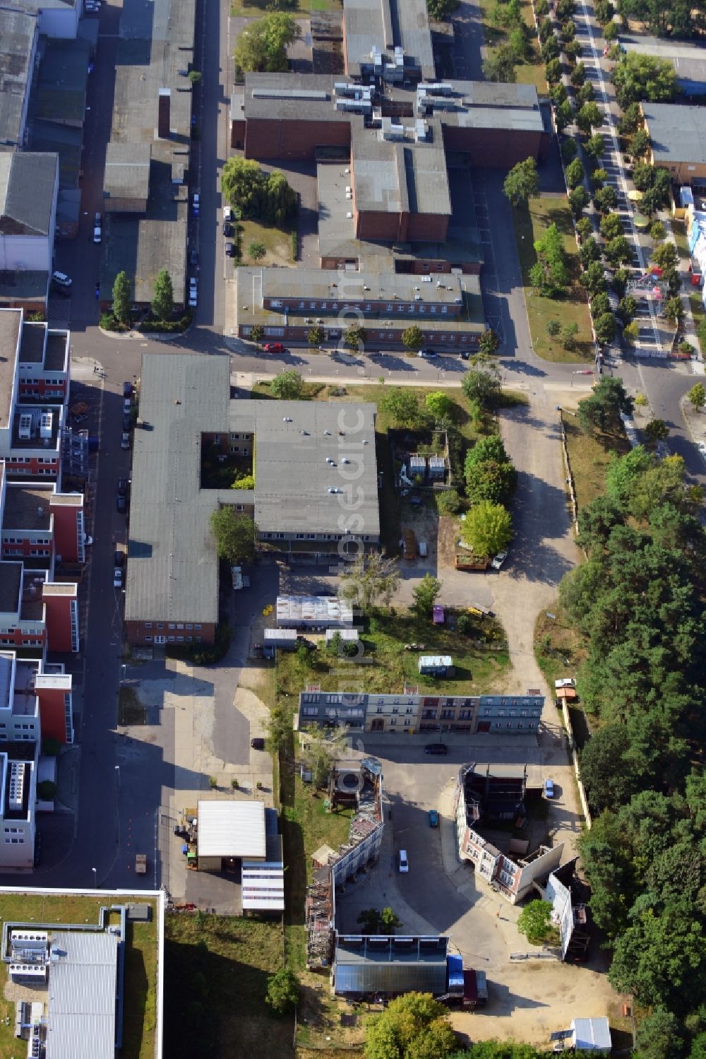 Potsdam from above - View at a movie scenery and various halls of the Studio Babelsberg on the grounds of the Media City Babelsberg in Potsdam in Brandenburg