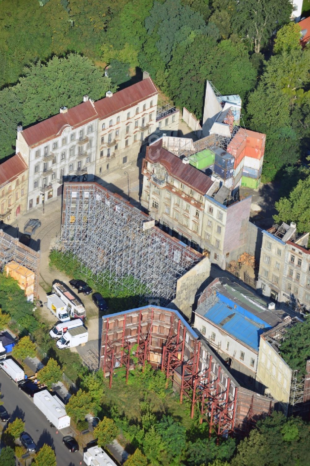 Potsdam from the bird's eye view: View at a movie scenery at the Studio Babelsberg on the grounds of the Media City Babelsberg in Potsdam in Brandenburg