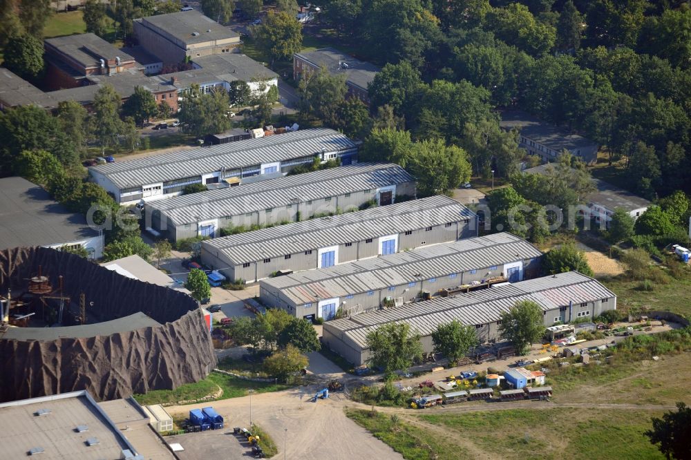 Aerial photograph Potsdam - View at the Halls of the props and costume warehouse at the Media City Babelsberg in Potsdam in the federal state of Brandenburg