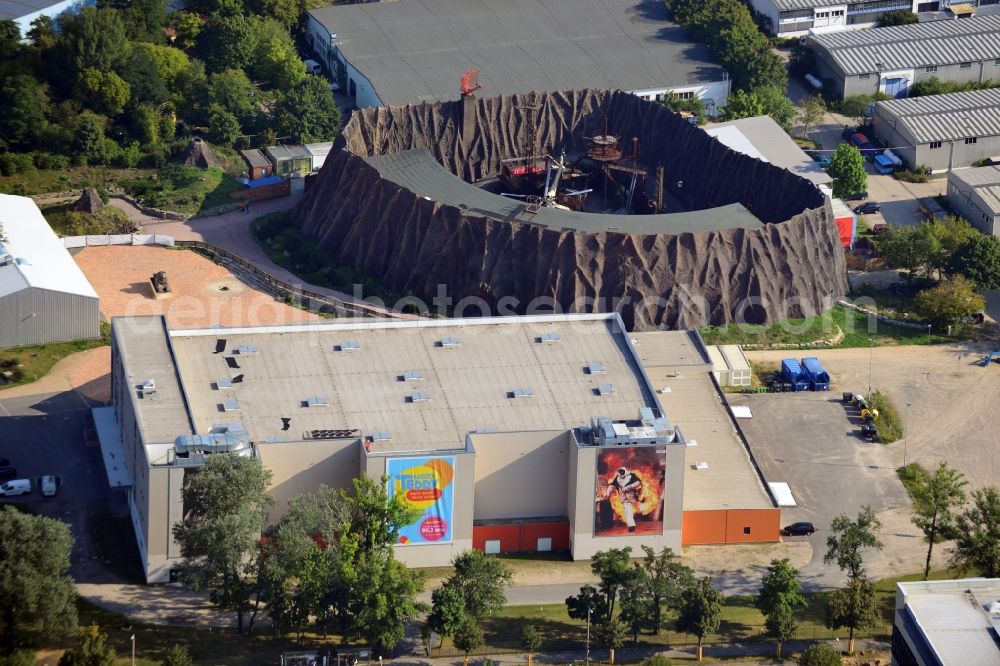 Potsdam from above - View at the volcano, where stunt shows are performed, and the Metropolis Hall of Babelsberg Film Park on the grounds of the Media City Babelsberg in Potsdam in Brandenburg