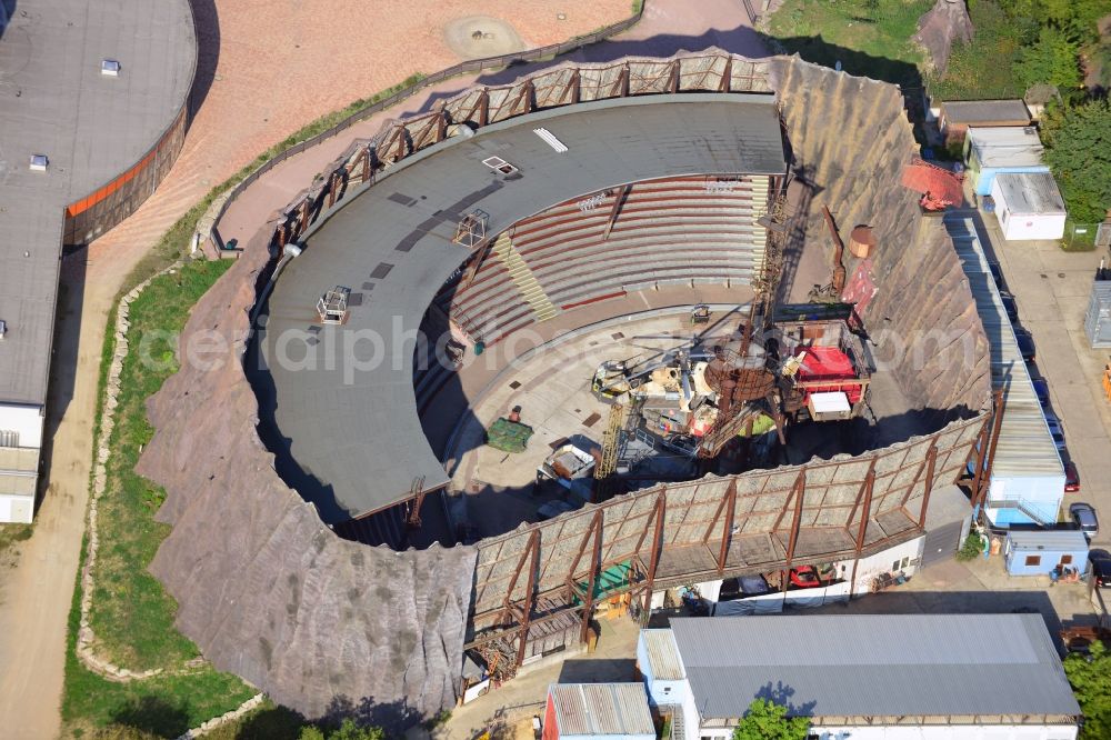 Potsdam from the bird's eye view: View at the volcano, where stunt shows are performed, and the Metropolis Hall of Babelsberg Film Park on the grounds of the Media City Babelsberg in Potsdam in Brandenburg