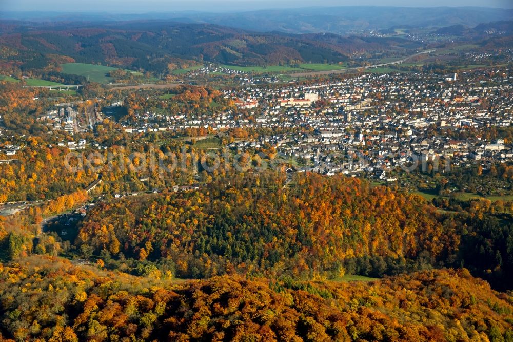 Arnsberg from above - Sea colorful colored leaves on the treetops in an autumnal deciduous tree - woodland in Arnsberg in the state North Rhine-Westphalia