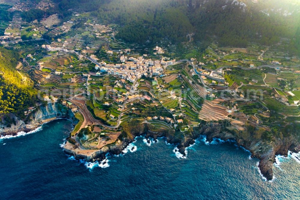 Banyalbufar from above - Townscape on the seacoast with a viewing platform on the peninsula S'Arenal in Banyalbufar in Balearische Insel Mallorca, Spain