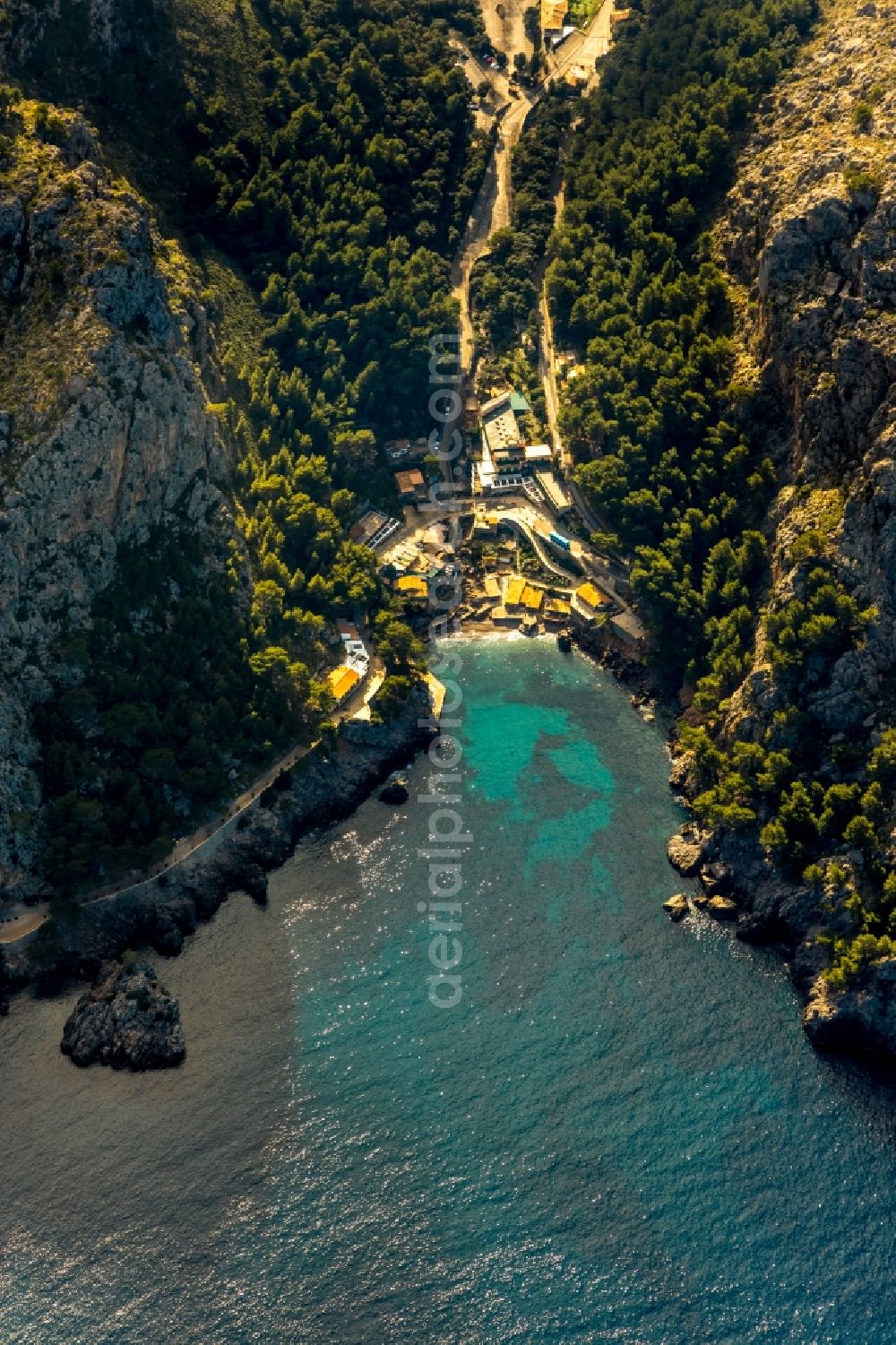 Port de Sa Calobra from the bird's eye view: Townscape on the seacoast of Balearic Sea in Port de Sa Calobra in Balearic island of Mallorca, Spain