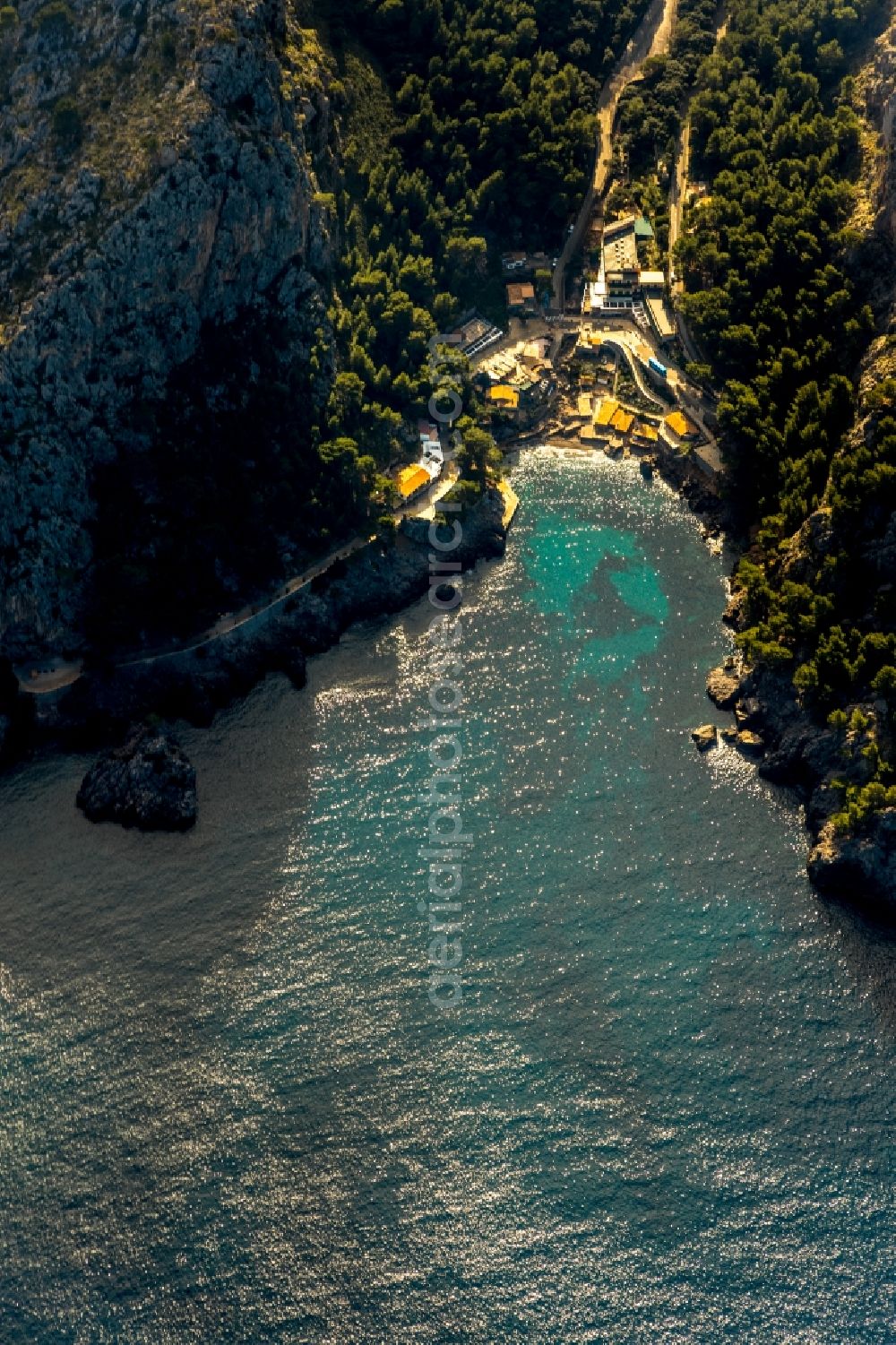 Aerial photograph Port de Sa Calobra - Townscape on the seacoast of Balearic Sea in Port de Sa Calobra in Balearic island of Mallorca, Spain