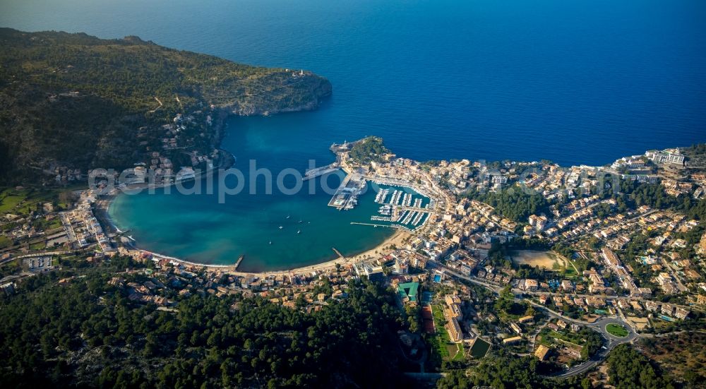 Port de Soller from above - Townscape on the seacoast at the port of Port de SA?ller in Port de Soller in Balearische Insel Mallorca, Spain