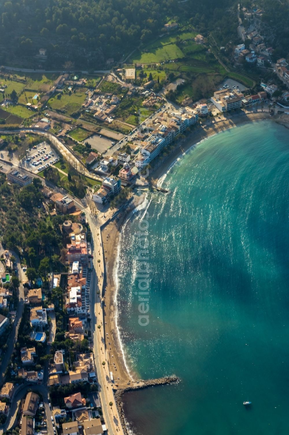 Aerial image Port de Soller - Townscape on the seacoast at the port of Port de SA?ller in Port de Soller in Balearische Insel Mallorca, Spain