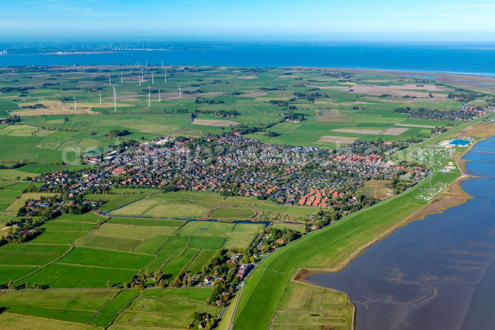 Butjadingen from above - Townscape on the seacoast Burhave in Butjadingen in the state Lower Saxony, Germany