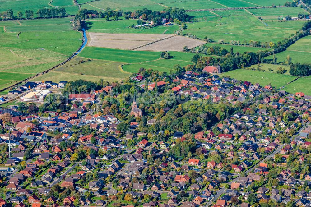 Butjadingen from above - Townscape on the seacoast Burhave in Butjadingen in the state Lower Saxony, Germany