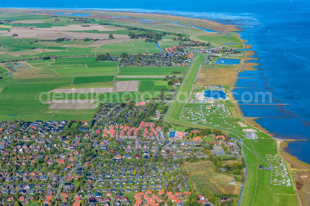 Butjadingen from above - Townscape on the seacoast Burhave in Butjadingen in the state Lower Saxony, Germany