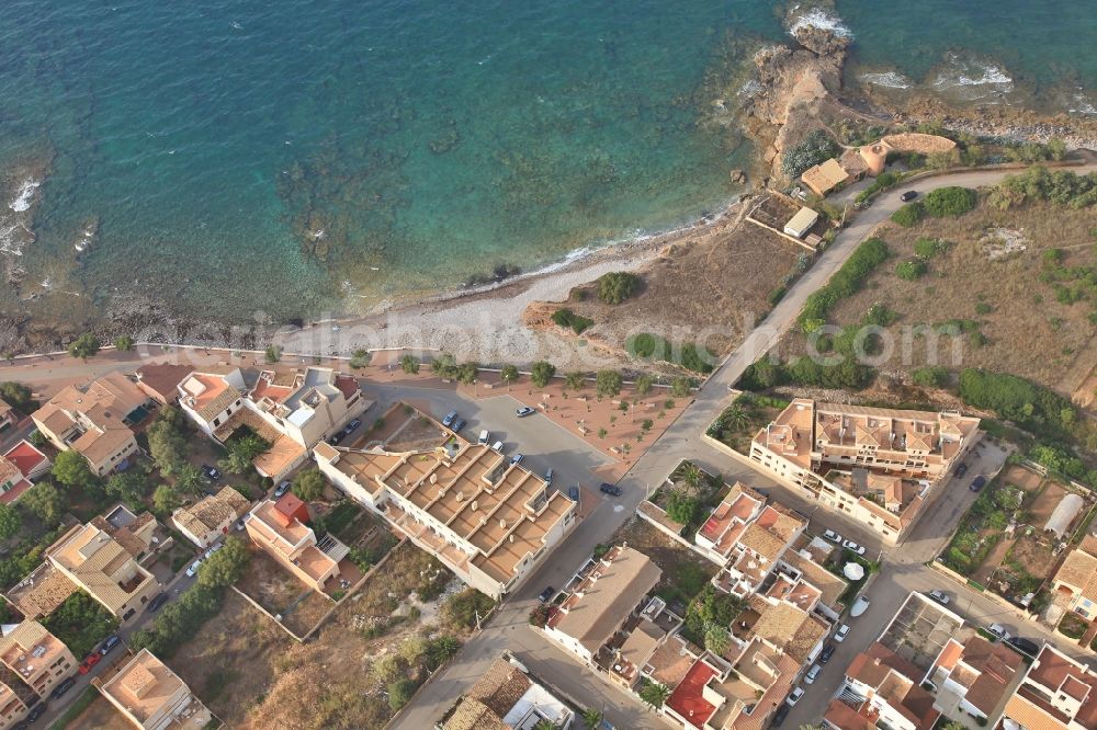 Colonia de Sant Pere from the bird's eye view: Townscape on the seacoast of Colonia de San Pedro Colonia de Sant Pere in Mallorca in Balearic Islands, Spain