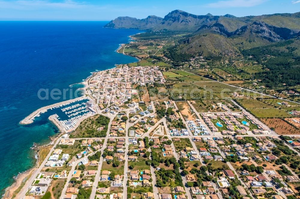 Colonia de Sant Pere from the bird's eye view: Townscape on the seacoast in Colonia de Sant Pere in Balearic island of Mallorca, Spain