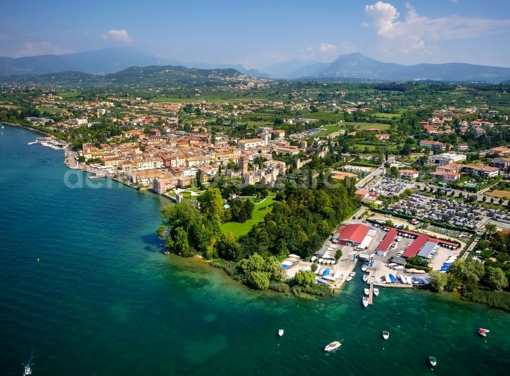 Lazise from the bird's eye view: Townscape on the seacoast of the Lake Garda in Lazise in Veneto, Italy