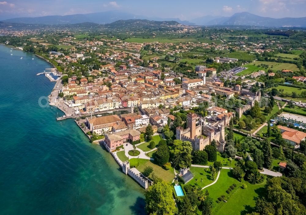 Lazise from the bird's eye view: Townscape on the seacoast of the Lake Garda in Lazise in Veneto, Italy