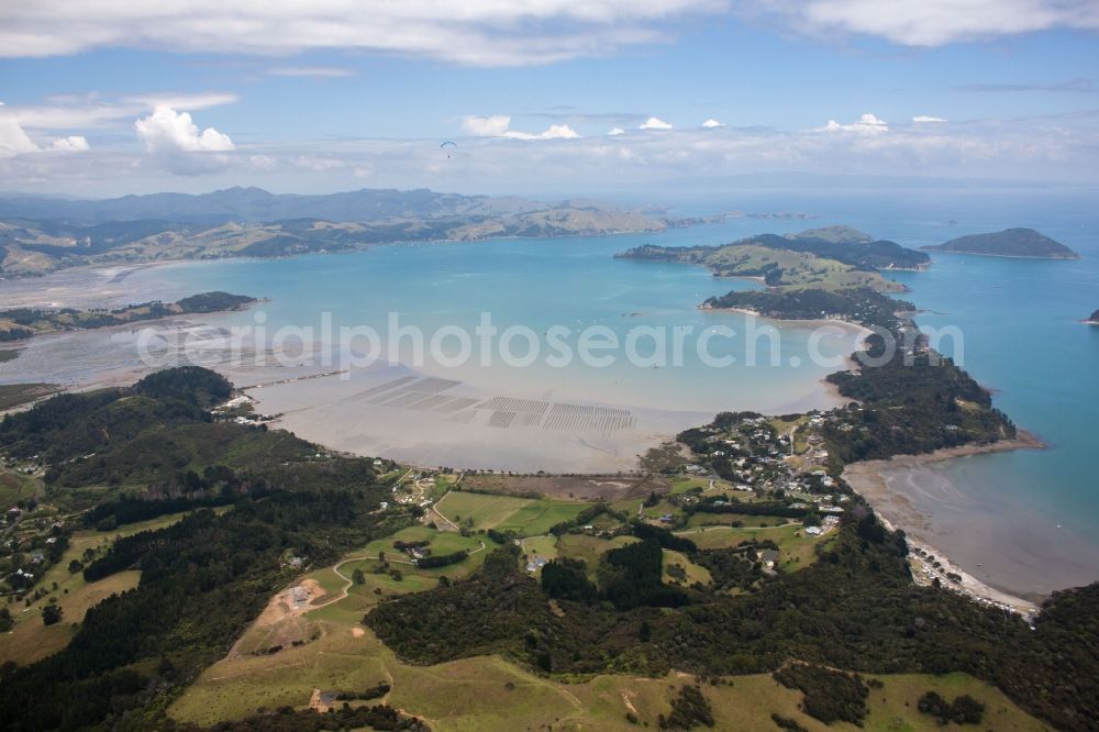 Coromandel from the bird's eye view: Water surface at the seaside Mcgregor Bay in Coromandel in Waikato, New Zealand