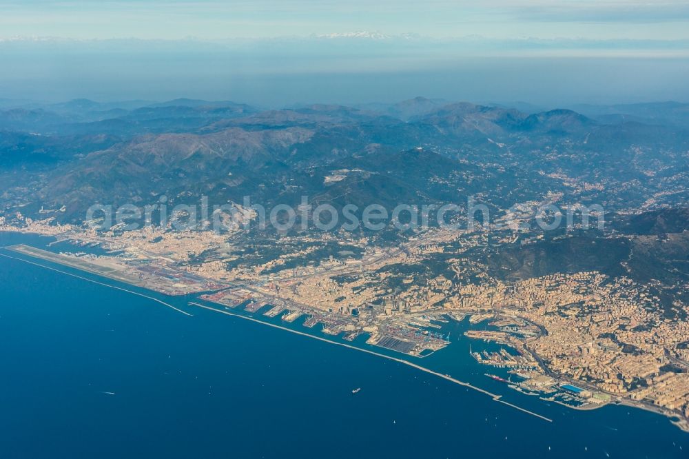 Aerial image Genua - Townscape on the seacoast of of mediteran sea in Genoa in Ligurien, Italy