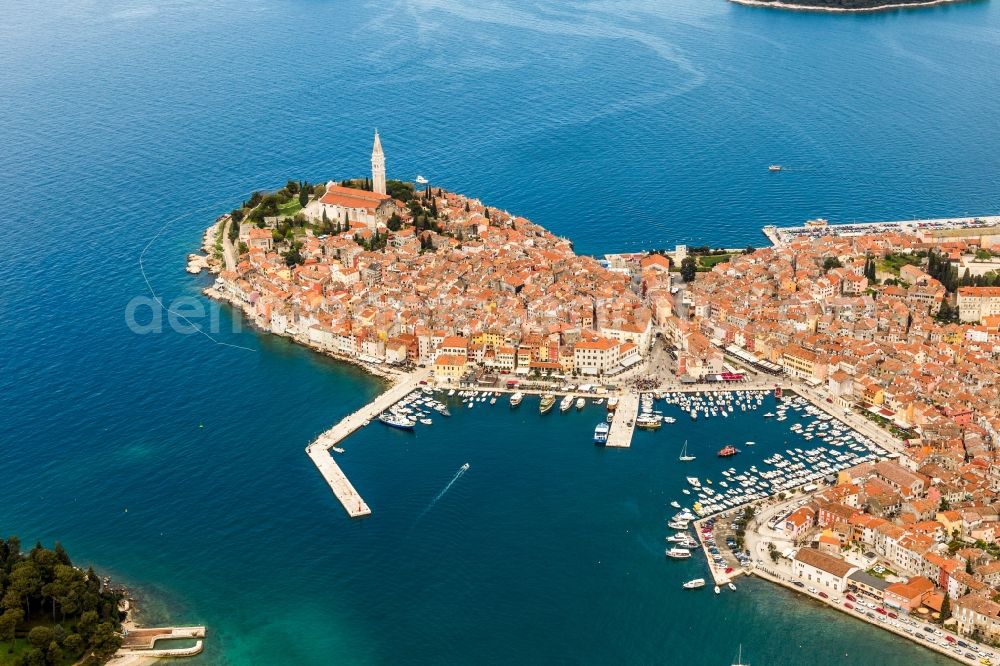 Aerial image Rovinj - Townscape on the seacoast of the Mediterranean sea in Rovinj in Istarska zupanija, Croatia