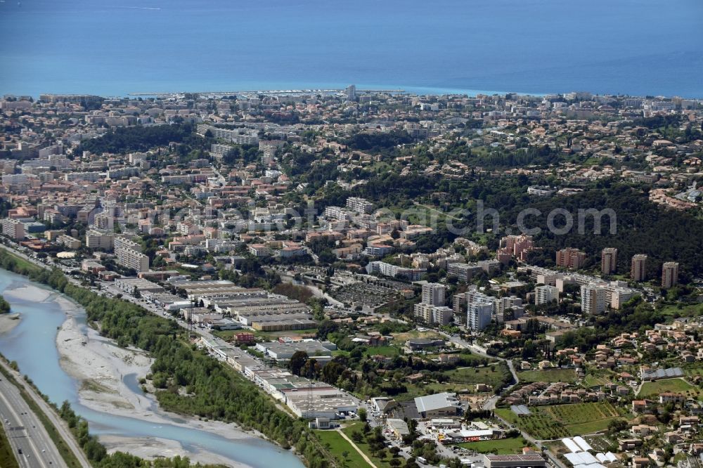 La Gaude from the bird's eye view: Townscape on the seacoast of Mediterranean in La Gaude in Provence-Alpes-Cote d'Azur, France