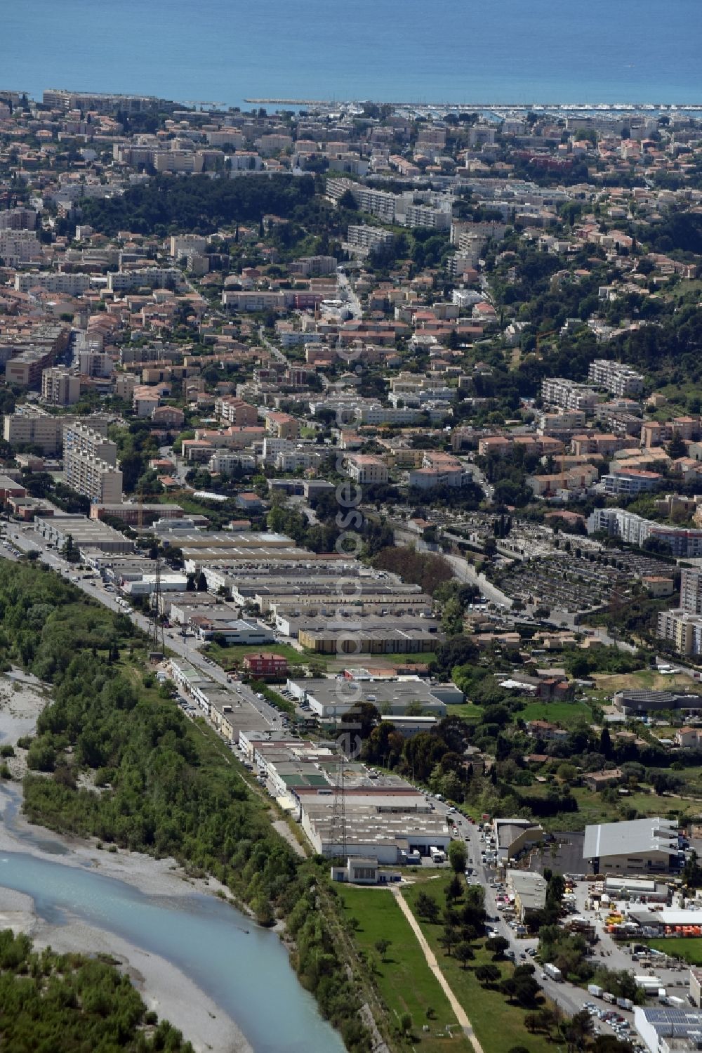 La Gaude from the bird's eye view: Townscape on the seacoast of Mediterranean in La Gaude in Provence-Alpes-Cote d'Azur, France