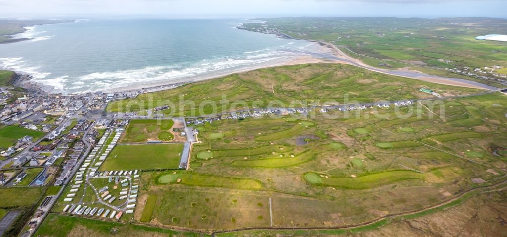 Aerial image Lahinch - Townscape on the seacoast of North Atlantic Ocean in Lahinch in Clare, Ireland