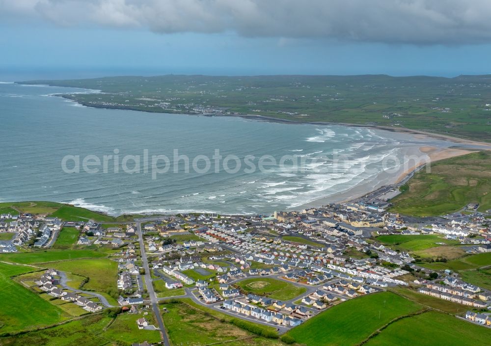 Aerial image Lahinch - Townscape on the seacoast of North Atlantic Ocean in Lahinch in Clare, Ireland