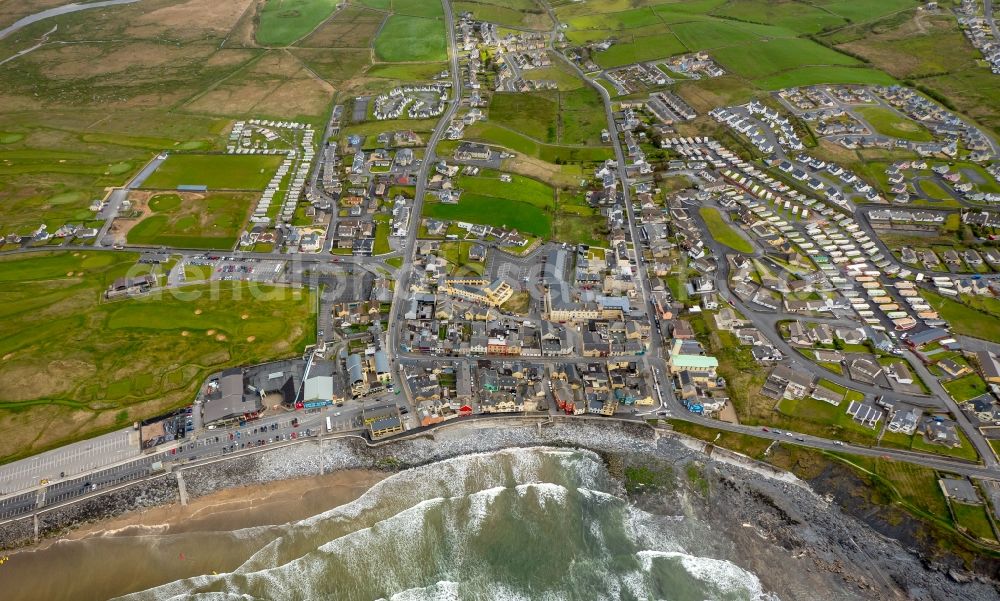 Aerial image Lahinch - Townscape on the seacoast of North Atlantic Ocean in Lahinch in Clare, Ireland