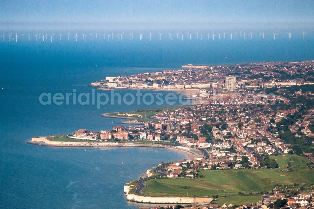 Aerial image Margate - Townscape on the seacoast of North Sea with off shore wind park in Margate in England, United Kingdom