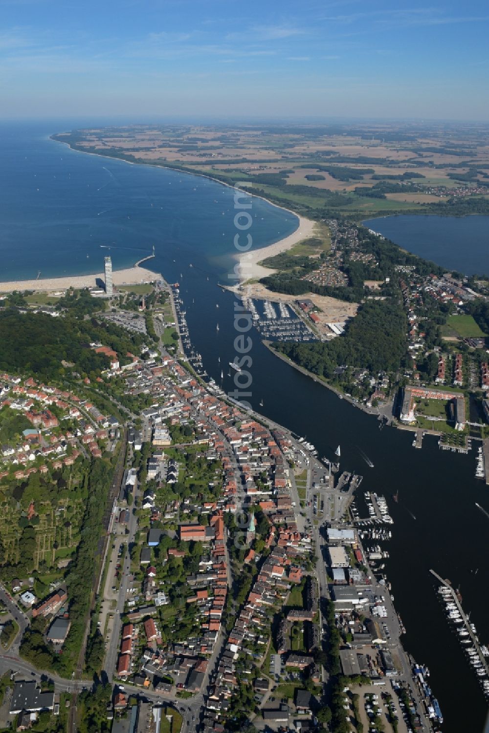 Travemünde from above - Townscape on the seacoast of the North Sea and the course of the Trave in Travemuende in the state Schleswig-Holstein