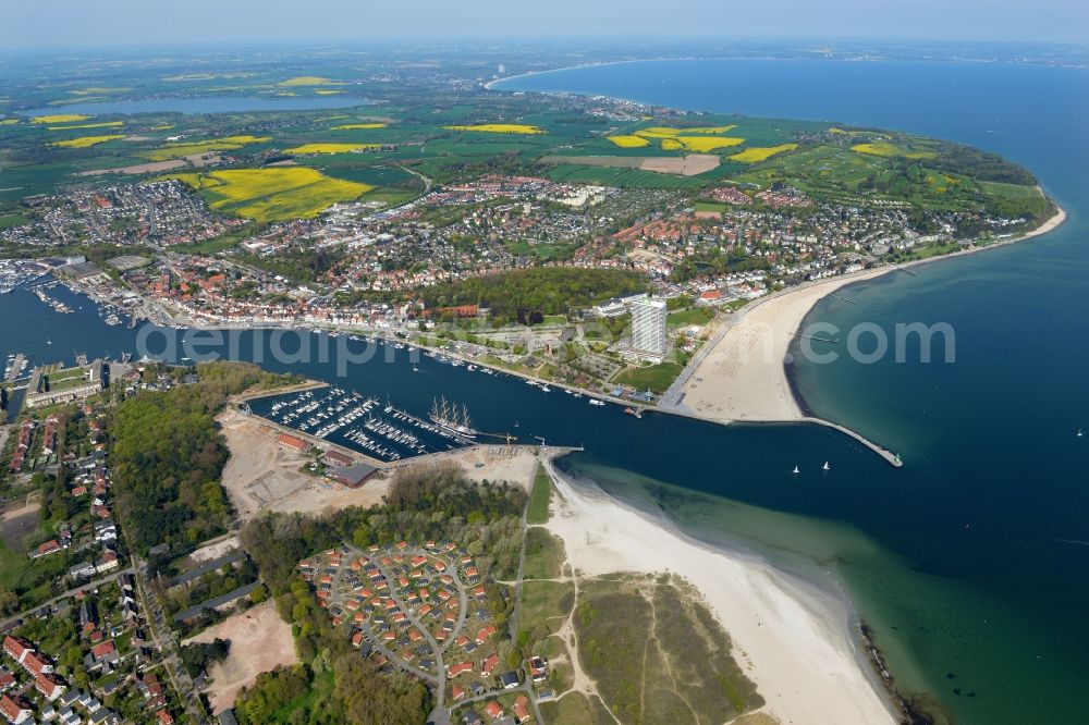 Travemünde from above - Townscape on the seacoast of the North Sea and the course of the Trave in Travemuende in the state Schleswig-Holstein