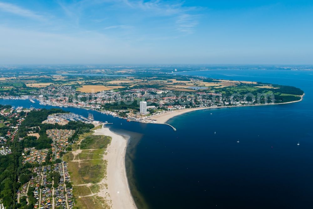 Lübeck from above - Townscape on the seacoast of the North Sea and the course of the Trave in Travemuende in the state Schleswig-Holstein