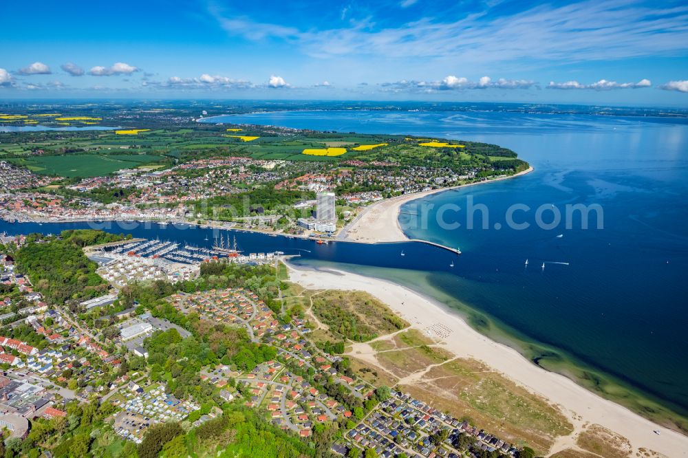 Lübeck from above - Townscape on the seacoast of the North Sea and the course of the Trave in Travemuende in the state Schleswig-Holstein