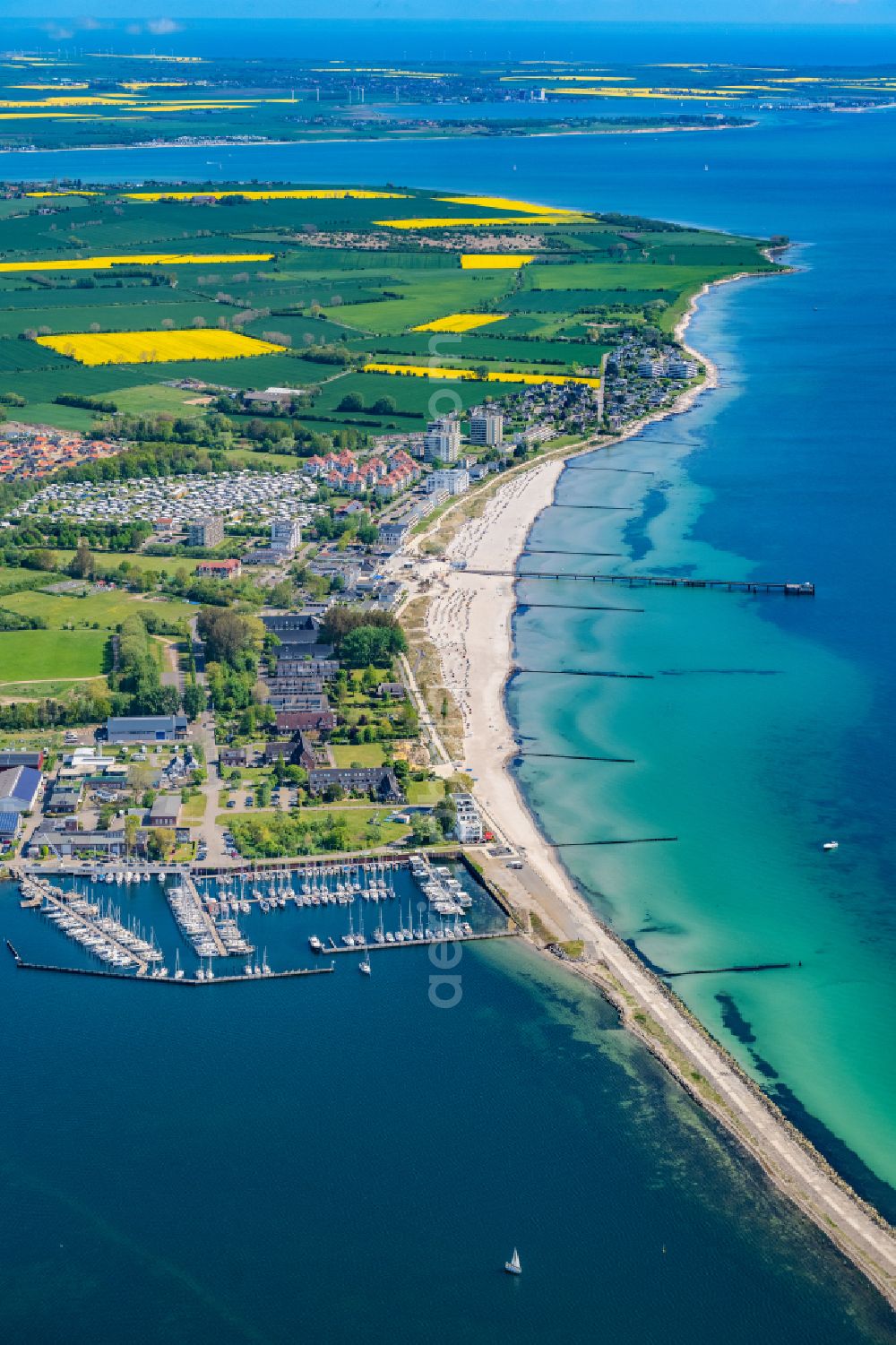 Großenbrode from above - Townscape on the seacoast of Baltic Sea in Grossenbrode in the state Schleswig-Holstein