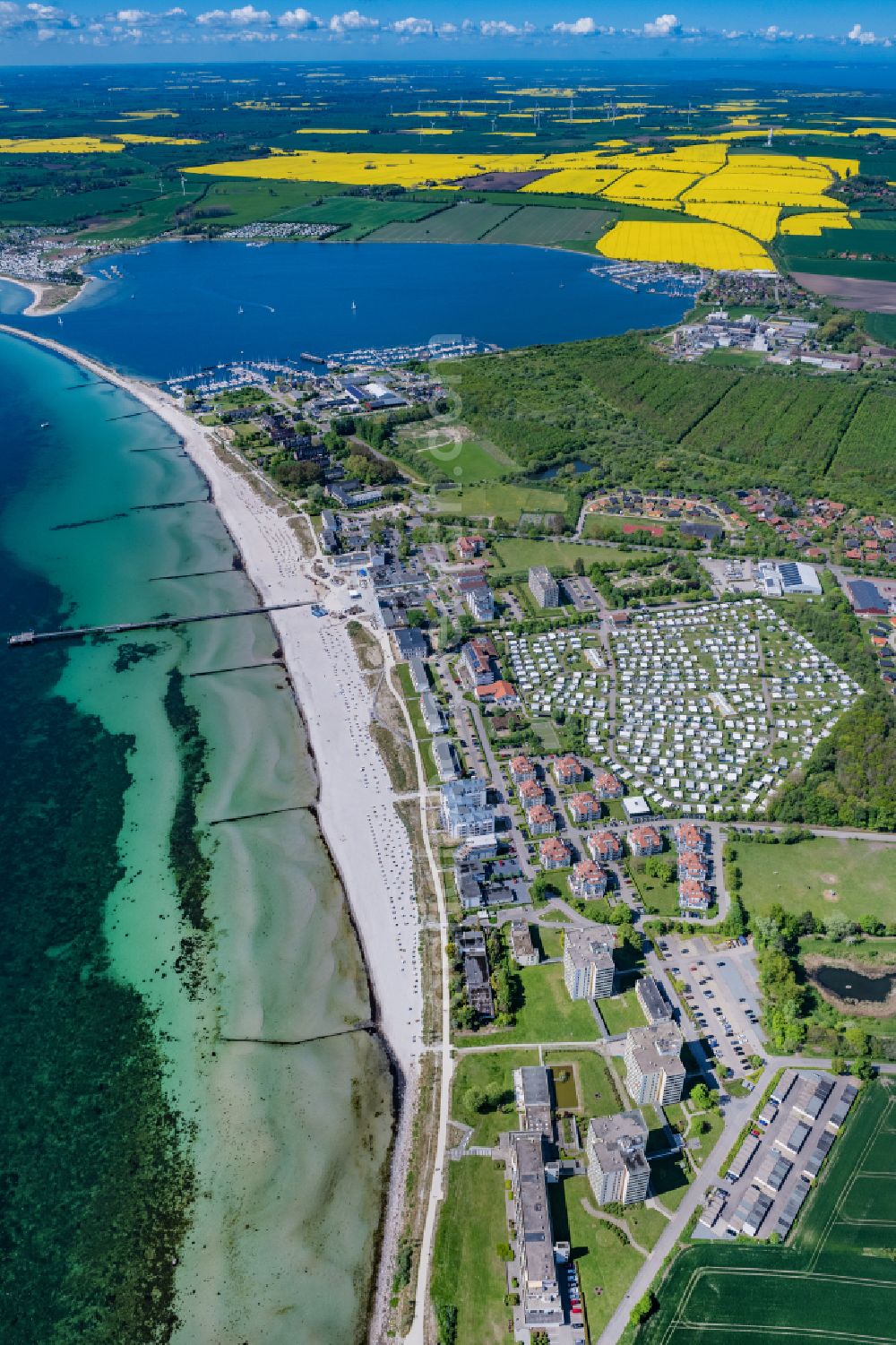 Großenbrode from the bird's eye view: Townscape on the seacoast of Baltic Sea in Grossenbrode in the state Schleswig-Holstein